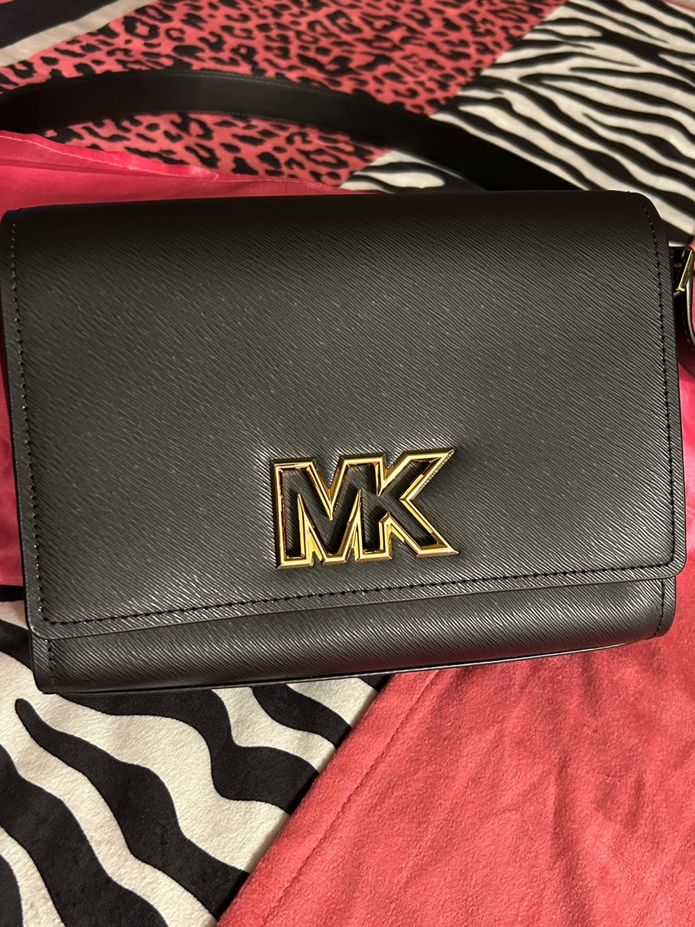 Michael Kors Black Leather Crossbody with Gold MK Emblem
